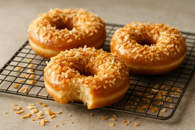 Doughnuts finished with toasted coconut flakes on a cooling rack