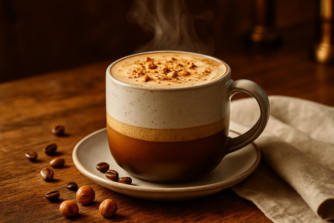 Toasted Hazelnut Latte in a ceramic mug on an oak table