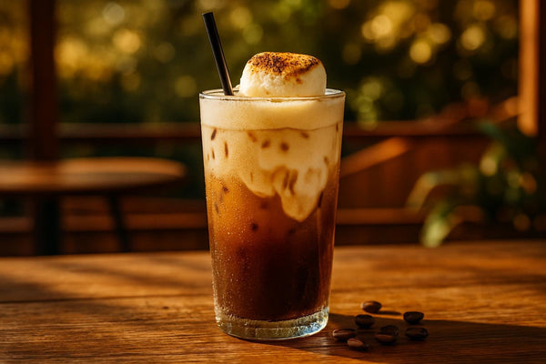 Toasted Marshmallow Cold Brew in a glass on an oak patio table
