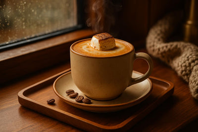 Toasted Marshmallow Latte in a ceramic mug on an oak tray by a window