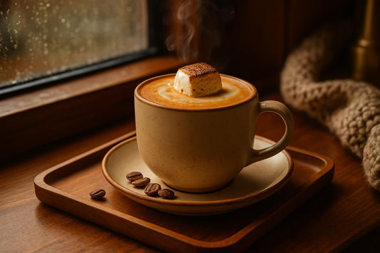 Toasted Marshmallow Latte in a ceramic mug on an oak tray by a window