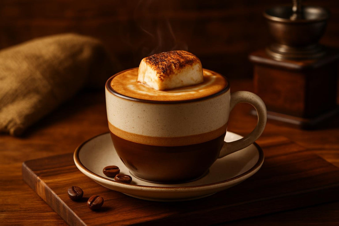 Toasted Marshmallow Mocha in a ceramic mug on an oak serving board