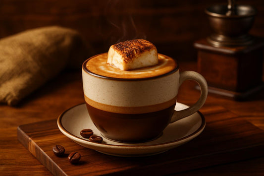 Toasted Marshmallow Mocha in a ceramic mug on an oak serving board