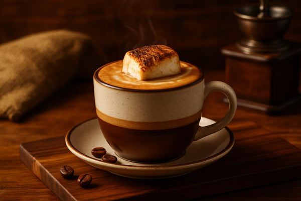 Toasted Marshmallow Mocha in a ceramic mug on an oak serving board