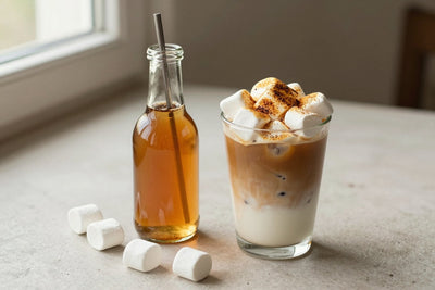 A small glass bottle of toasted marshmallow syrup with a pour spout, beside an iced latte sweetened with it