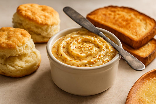Toasted Sesame Honey Butter in a crock with warm biscuits