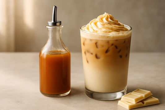 A small glass bottle of toasted white chocolate syrup with a pour spout, beside an iced latte sweetened with it