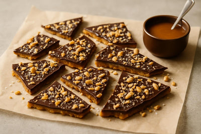 Shards of toffee crunch bark on parchment