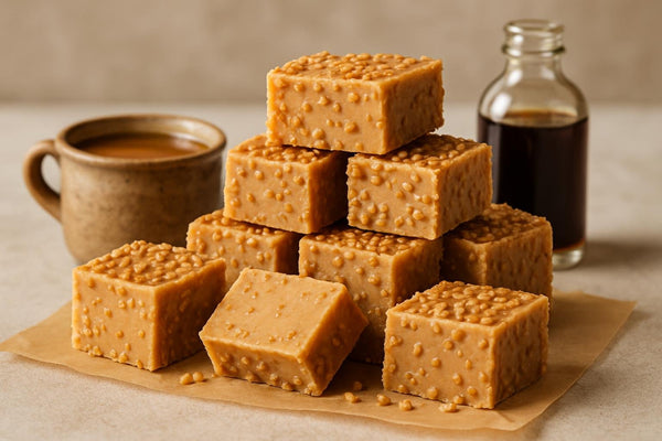 Squares of toffee crunch fudge on parchment