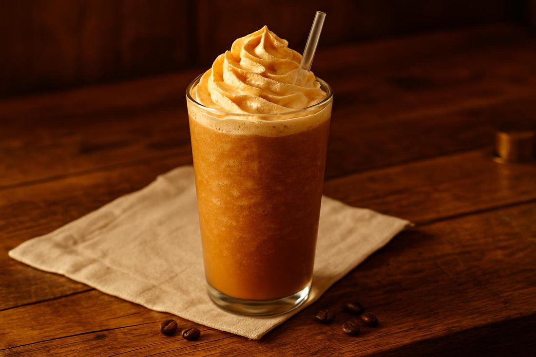 Toffee Frappé in a glass on an oak table