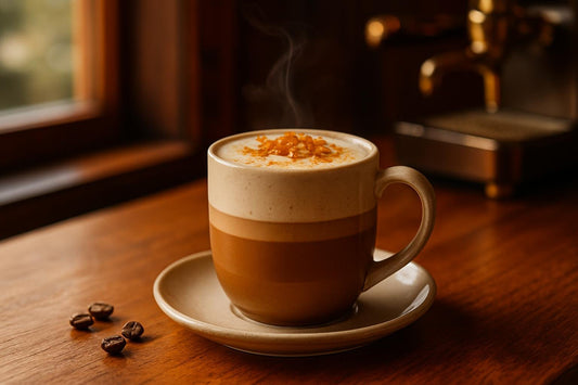 Toffee Latte in a ceramic mug on an oak café counter