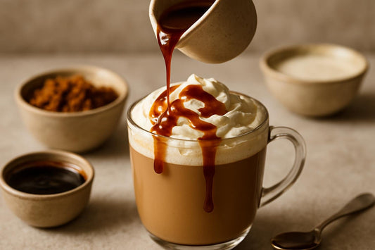 A small jug of glossy, deep brown toffee sauce being drizzled over whipped cream on a latte
