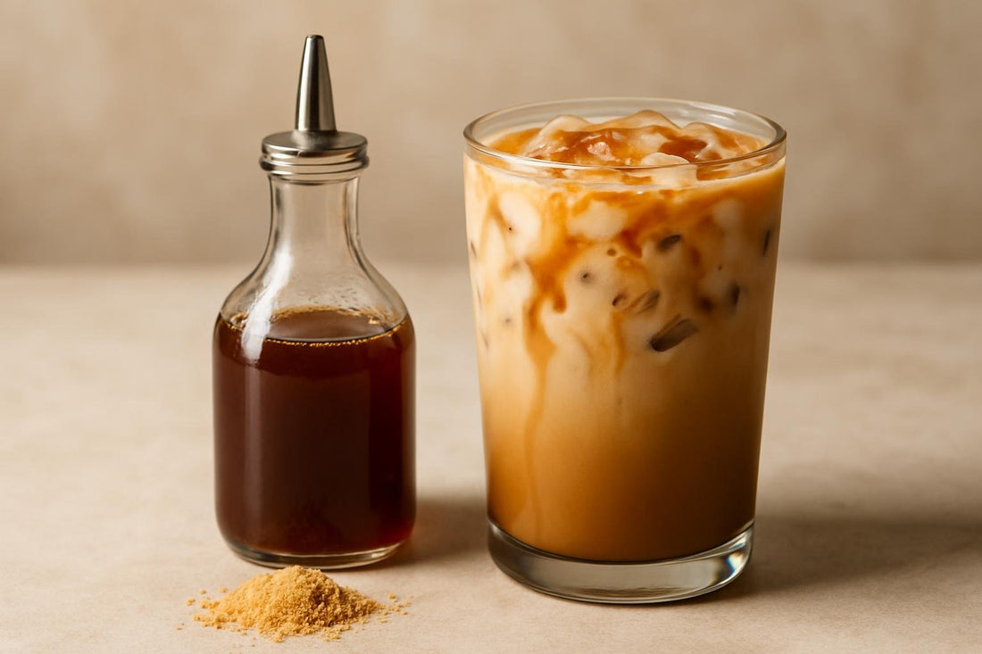 A small glass bottle of toffee syrup with a pour spout, beside an iced latte sweetened with it