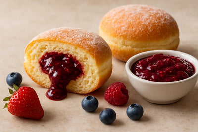 Filled doughnut cut open to show triple berry jam filling