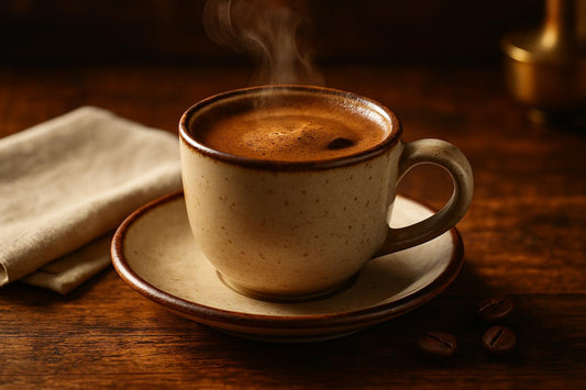 Turkish Coffee in a ceramic mug on an oak table