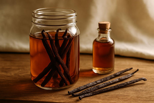 Uganda vanilla extract in a glass jar with split vanilla beans, showing the amber color and bean caviar