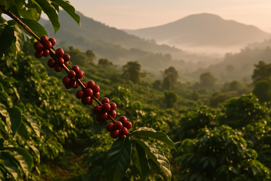 Ugandan coffee cherries ripening on Mount Elgon with volcanic highlands in the background