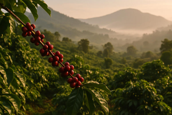 Ugandan coffee cherries ripening on Mount Elgon with volcanic highlands in the background