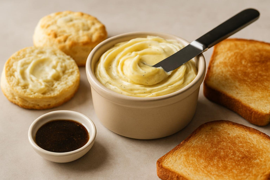 Vanilla Bean Butter in a crock with warm biscuits