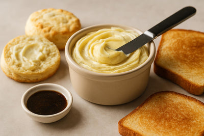 Vanilla Bean Butter in a crock with warm biscuits