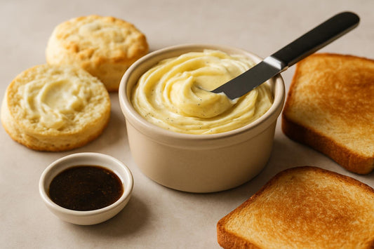Vanilla Bean Butter in a crock with warm biscuits
