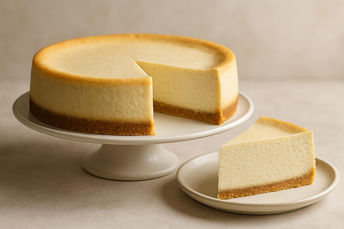 A whole, untopped vanilla bean cheesecake on a cake stand with one slice cut and set on a plate