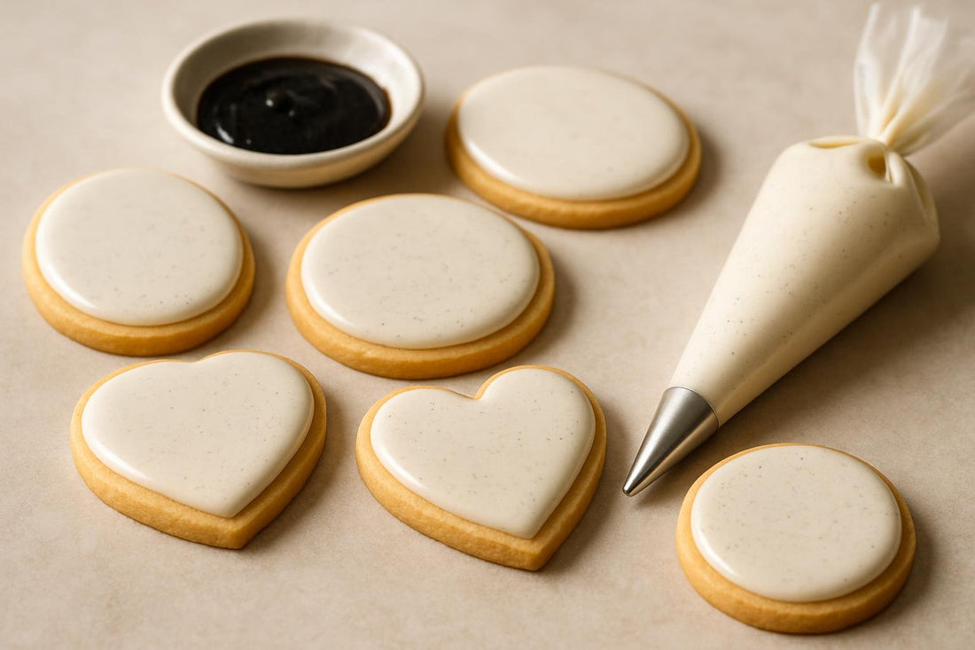 Sugar cookies decorated with vanilla bean cookie icing