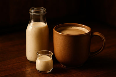 Vanilla Bean Creamer in a ceramic mug on an oak bar