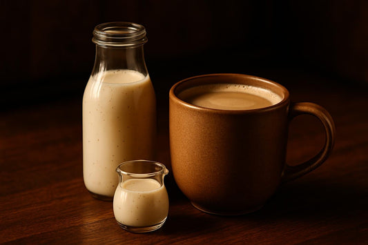 Vanilla Bean Creamer in a ceramic mug on an oak bar