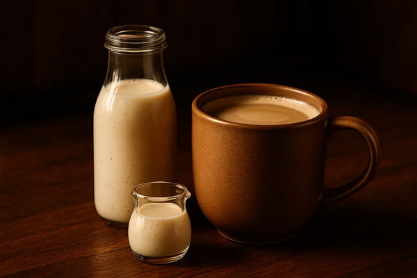 Vanilla Bean Creamer in a ceramic mug on an oak bar