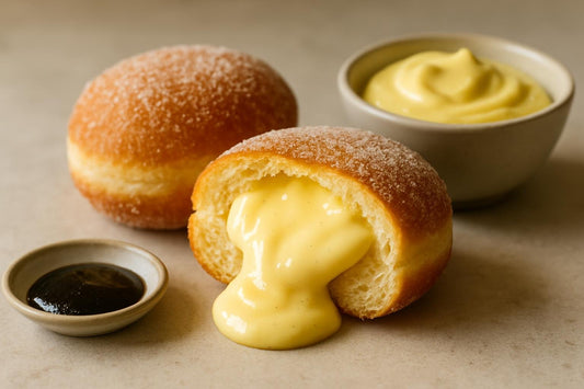 Filled doughnut cut open to show vanilla bean custard