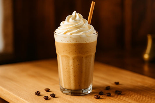 Vanilla Bean Espresso Frappé in a glass on an oak kitchen island