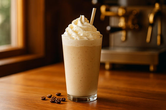 Vanilla Bean Frappé in a glass on an oak café counter