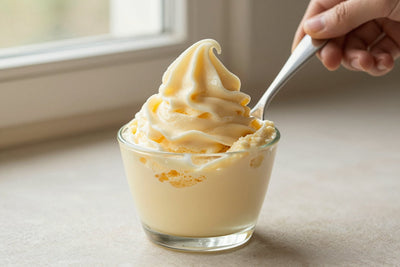 A generous swirl of vanilla bean gelato in a small glass cup with a flat gelato spade