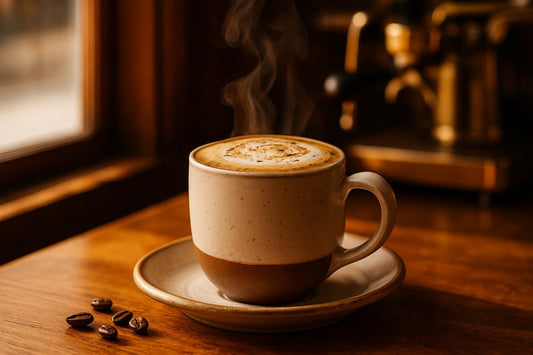 Vanilla Bean Holiday Latte in a ceramic mug on an oak café counter