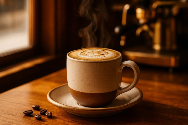 Vanilla Bean Holiday Latte in a ceramic mug on an oak café counter