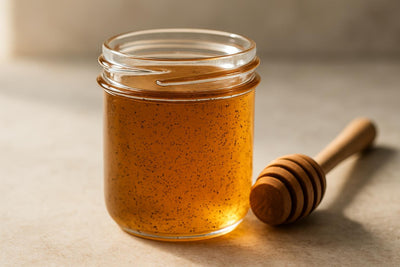 Jar of vanilla bean honey with a honey dipper