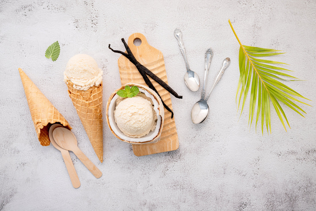 Premium vanilla ice cream with visible vanilla bean specks in a bowl, showcasing homemade ice cream made with Grade A vanilla