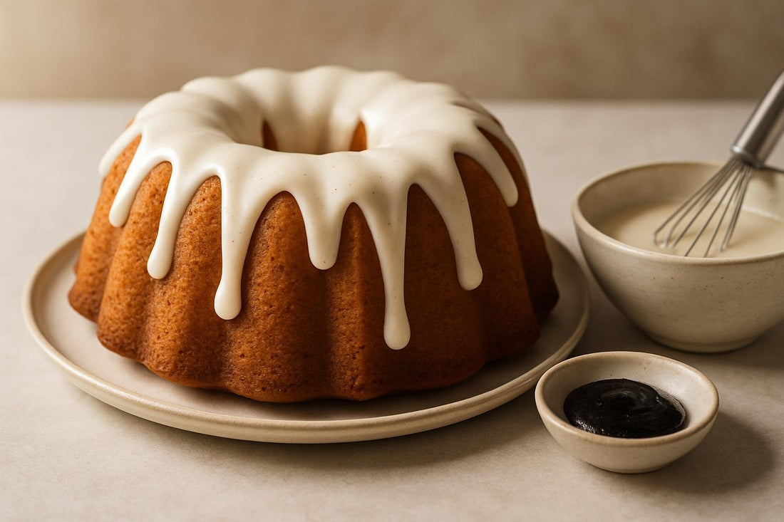 Bundt cake drizzled with vanilla bean icing