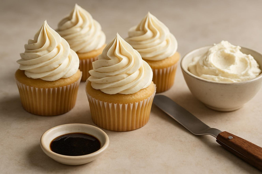 Cupcakes piped with vanilla bean Italian meringue buttercream frosting