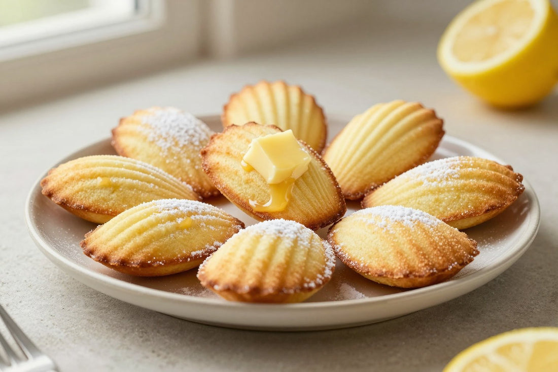 Shell-shaped vanilla bean madeleines on a plate, showing their golden humps and ridged sides