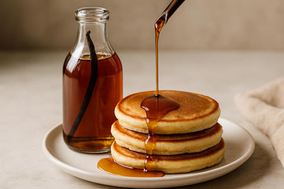 Vanilla bean maple syrup poured over pancakes