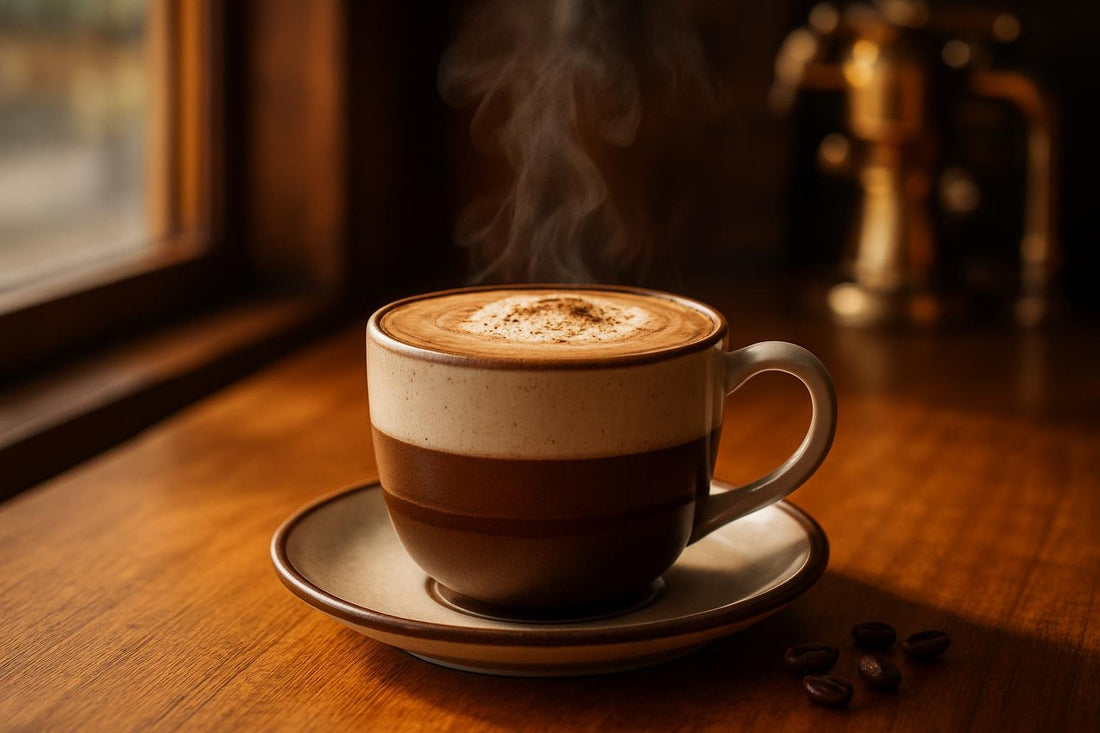 Vanilla Bean Mocha in a ceramic mug on an oak café counter