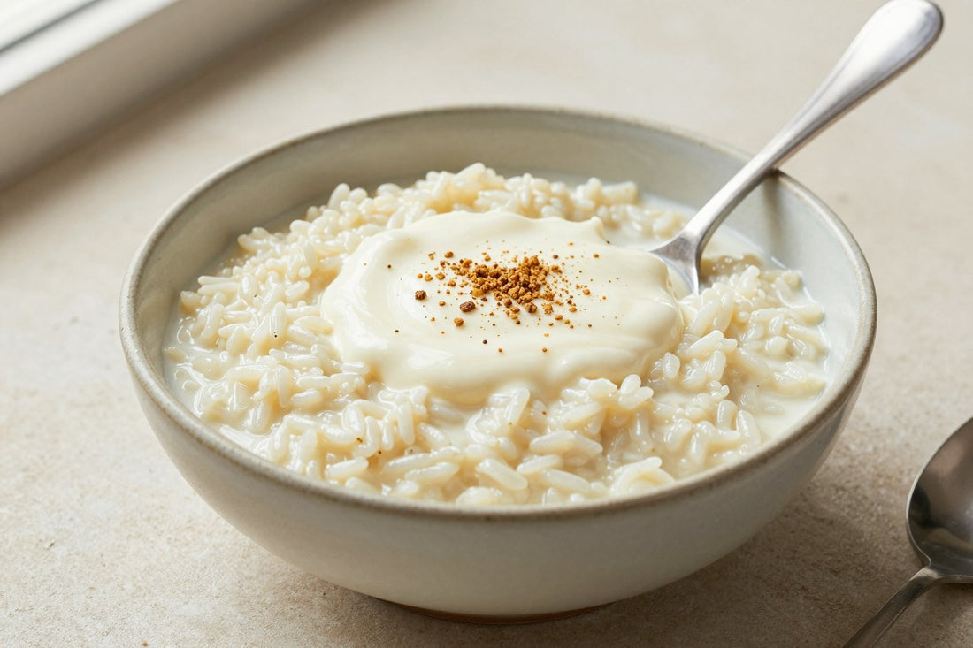 Creamy vanilla bean rice pudding in a small ceramic bowl with a spoon, garnished as in the recipe