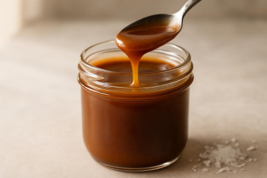 Jar of vanilla bean salted caramel sauce with a spoon