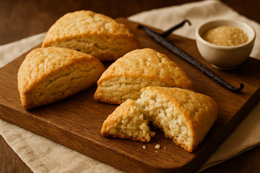 Freshly baked vanilla bean scones with visible vanilla specks and coarse sugar topping on a wooden board