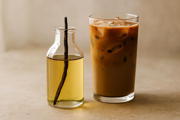 Bottle of vanilla bean simple syrup beside iced coffee