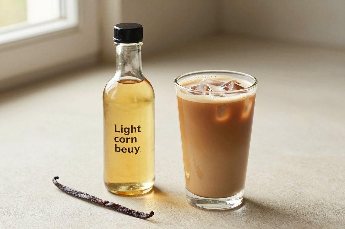 A small glass bottle of vanilla bean syrup with a pour spout, beside an iced latte sweetened with it