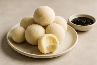 Vanilla Bean Truffles on a plate, one bitten
