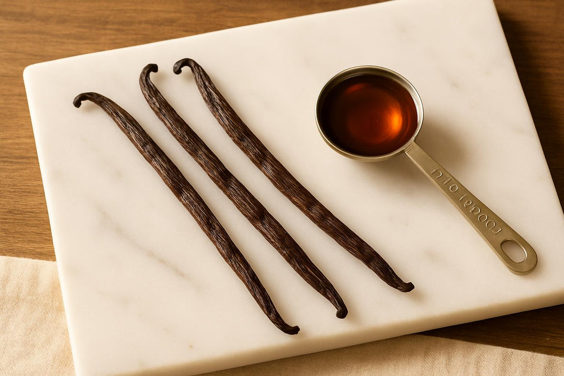 Three Madagascar vanilla beans arranged beside a small glass measuring spoon holding one tablespoon of amber vanilla extract